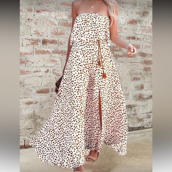 Boho dots tassel detail slit thigh tube sleeveless maxi dress